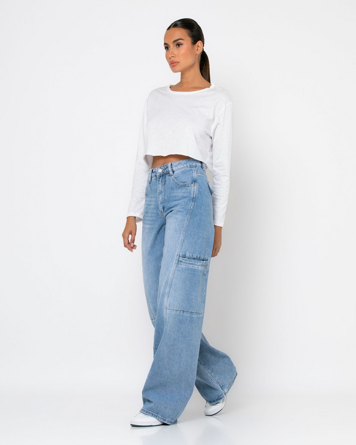 Jean wide leg cargo ξεβαμμένο Denim